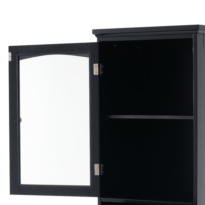 Armoire de rangement en MDF pour salle de bain avec portes en verre, tiroirs et tablettes réglables, Noir mat