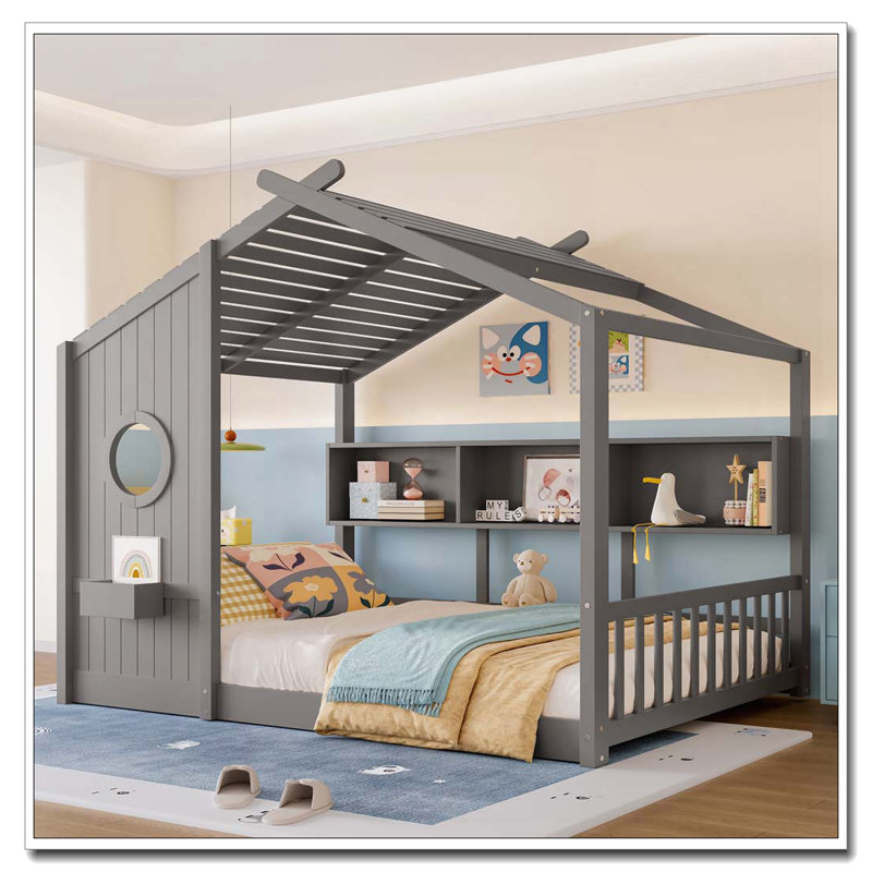 Lit de rangement avec tablette de rangement, Gris, Lit double