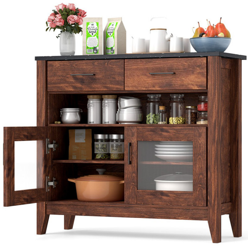 Coffee Bar Cabinet With 2 Drawers And 1 Open Compartment