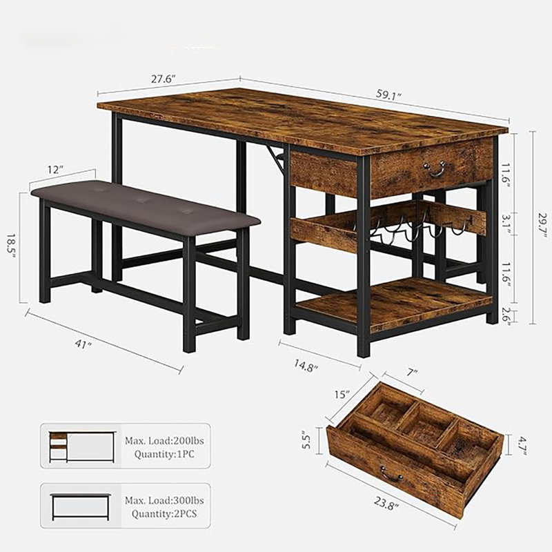 Ensemble de table de salle à manger de cuisine avec bancs rembourrés, Brun