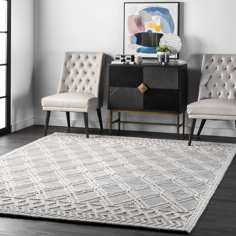 Hathorn Moroccan Trellis Handmade Tufted Black/White Wool Rug, Rectangle 8'6" x 11'6"