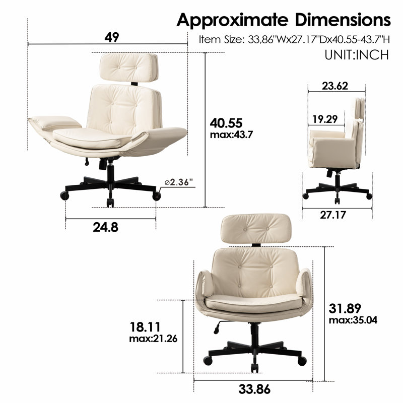 33.86"W Tilting Office Chair with Adjustable Armrest, Faux Leather, Beige
