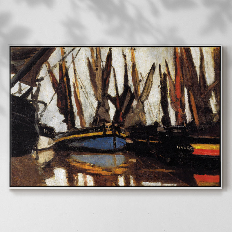 Bateaux de pêche (Étude), 1866 - Reproduction sur toile flottante, H 17 po x l 25 po x P 2 po, Cadre blanc