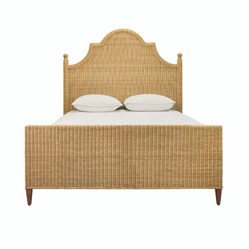 Bed Frame with Arched Headboard, Side Rails, and Footboard in Rattan with Wood Feet, Queen
