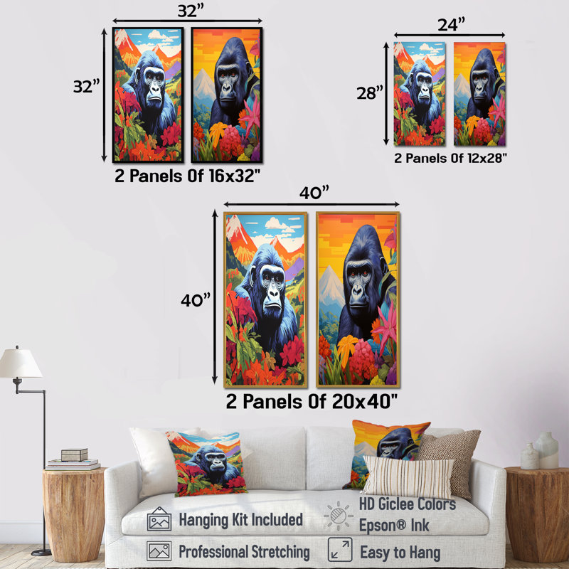 «Gorilla In Colorful Mountain Landscape I - Gorilla Wall Art», ensemble de 2 pièces, H 28 po x l 24 po, Toile tendue