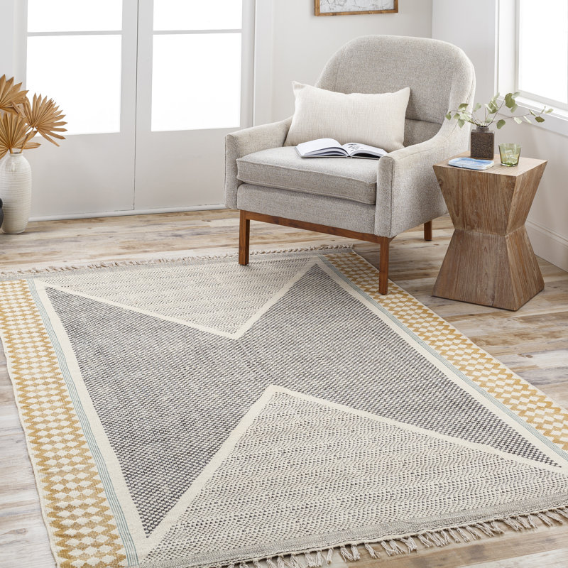 Olmstead Flatweave Cotton Geometric Black/Teal/Mustard/Light Beige Area Rug, Rectangle 6' x 9'