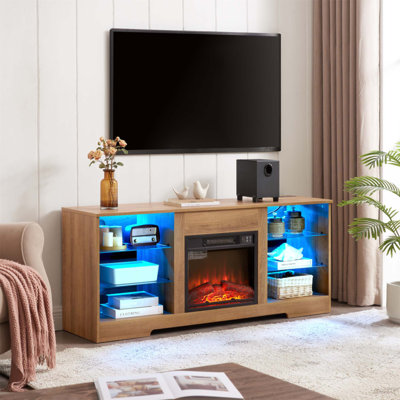 Meuble télé moderne avec foyer électrique, lumières DEL, tablettes en verre et charge USB, parfait pour les salons jusqu'à 62 pouces