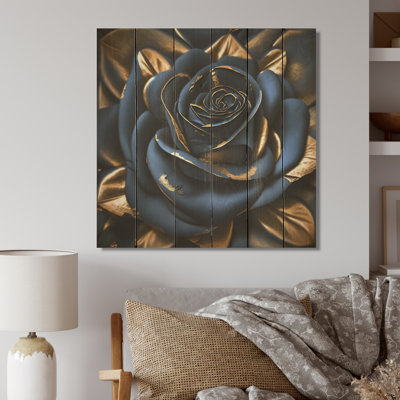 Gilded Rose In Kings Blue II - imprimé floral rose sur bois