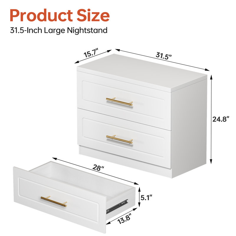 31.5‘’ W 2 Drawers White Nightstand