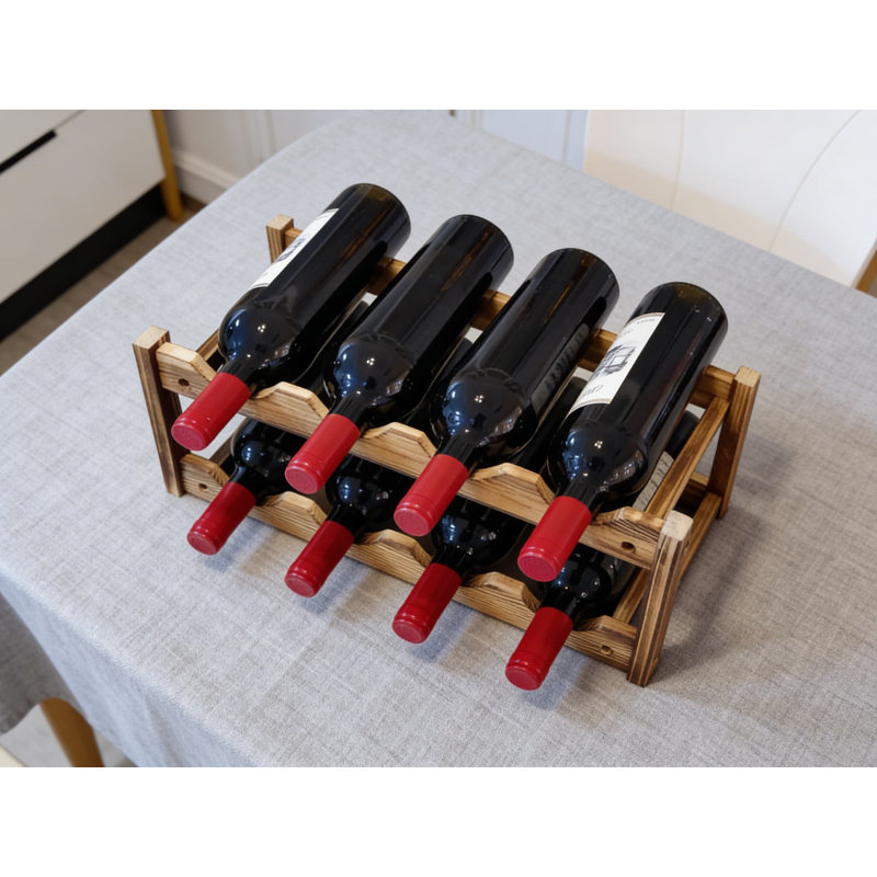 Support à vin à deux niveaux pour comptoir pour 8 bouteilles, bois de pin carbonisé de qualité supérieure, conception peu encombrante pour la cuisine, le bar ou la salle à manger