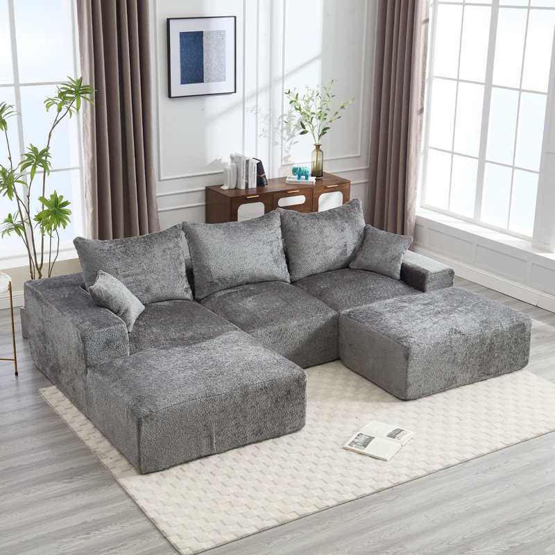 Chenille Upholstered U-Shape Sectional Sofa - Modular Sofa Collection, Grey Chenille