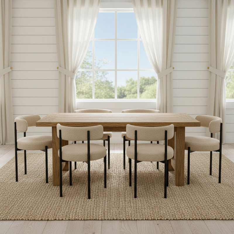 Boucle Upholstered Side Dining Chairs, 6, Beige, Black
