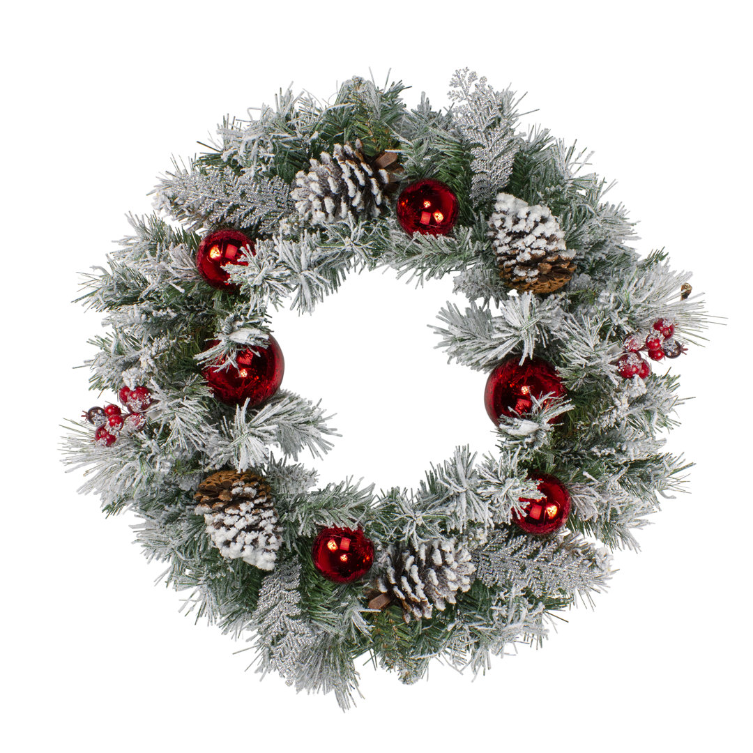 Flocked Pine with Red Ornaments Artificial Lemuella Wreath 24-Inch Unlit The Holiday Aisle®