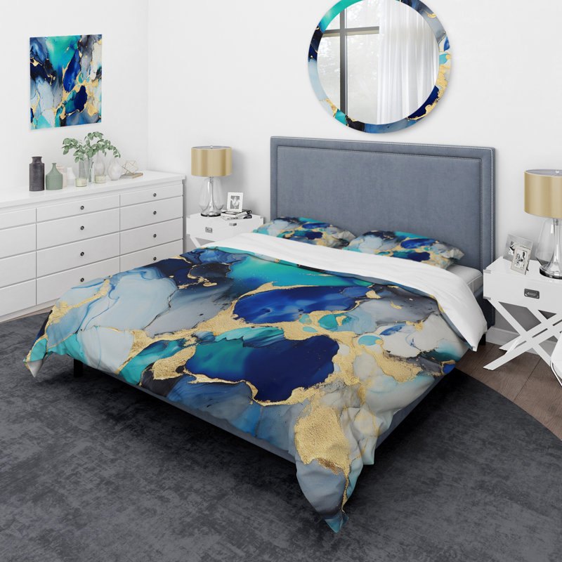 Ensemble de housse de couette en microfibre / polyester Blue and Gold, Housse de couette pour grand lit et 2 taies décor
