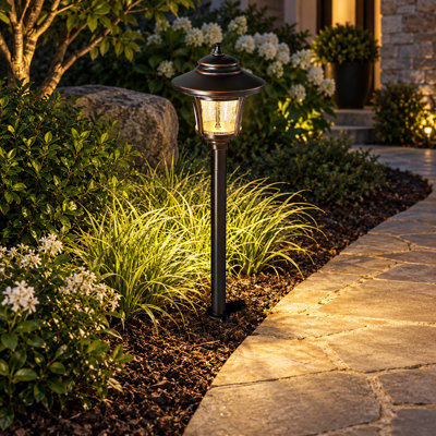 4-Pack 12V Low-Voltage Landscape Path Lights with Connectors, ETL Listed, 3W 120LM LED, 3000K Warm White, Aluminum Oil-Rubbed Bronze Finish, Seed Glass and Waterproof Design for Walkway, Garden, Yard and Lawn