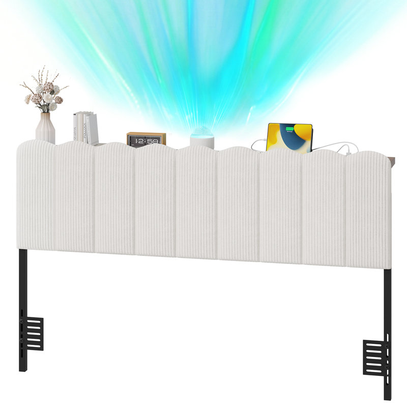 Tête de lit tapissier à grand lit avec éclairage à DEL Aurora et rangement, hauteur réglable pour matelas de 8 à 14 pouces