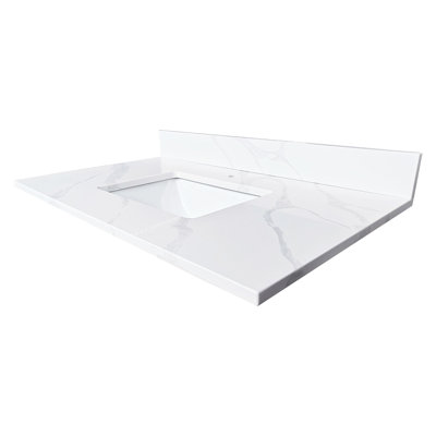 37-Inch Quartz Bathroom Vanity With Undermount Middle Sink, 4-Inch High Backsplash, 1 Pre-Drilled Faucet Hole, Versatile For Different Decor Stain & Heat Bathroom, Luxury Look