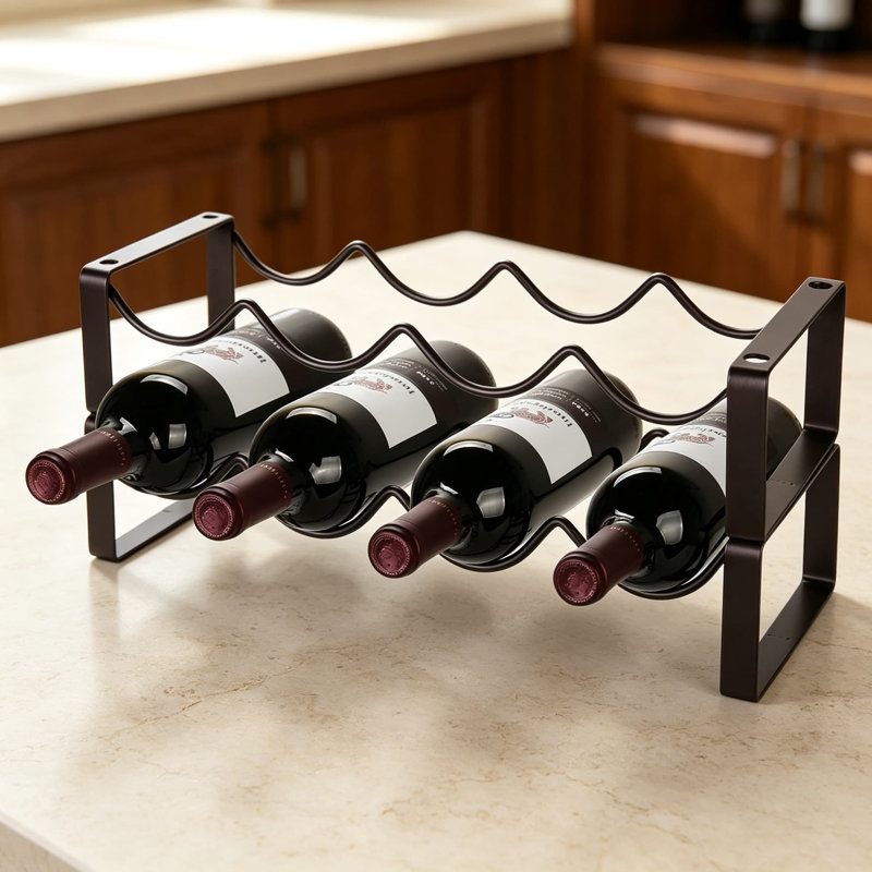 Comptoir de vin empilable, comptoir à deux niveaux, porte-bouteilles en métal et rangement, support à vin autoportant pour armoire, brun