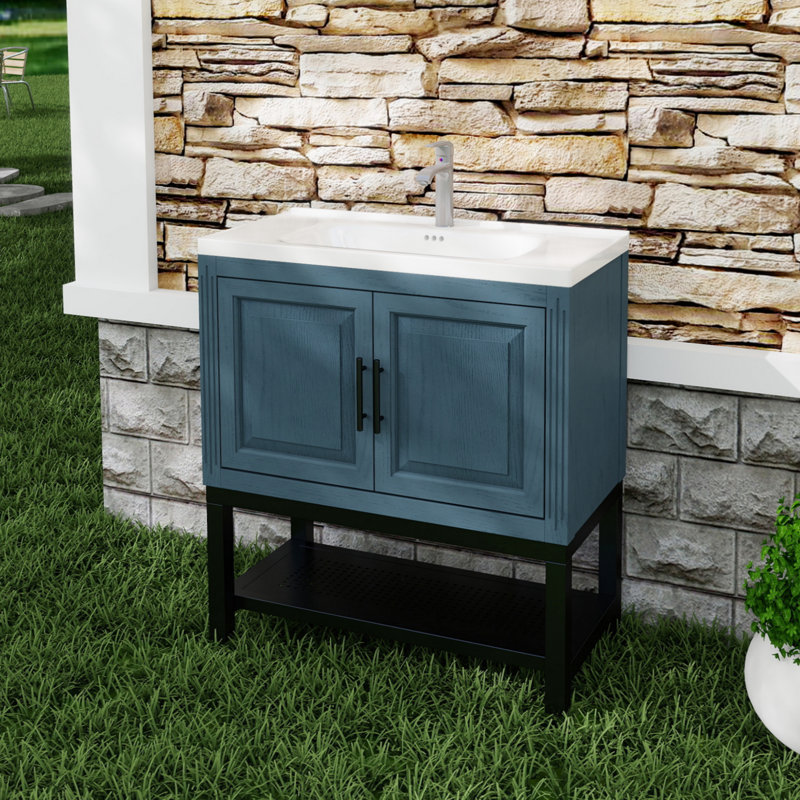 Meuble-lavabo bleu 32 po avec lavabo en céramique blanc, robinet d'eau chaude et froide, 2 portes de rangement et tablette ouverte en fer 32 po