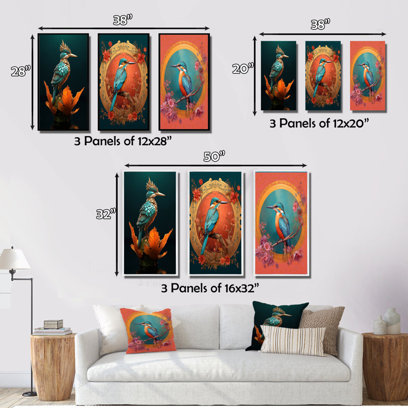 Blue Kingfisher Nature Photography - Animals Bird Art Set Of 3 Pieces, Toile tendue, H 32 po x l 48 po