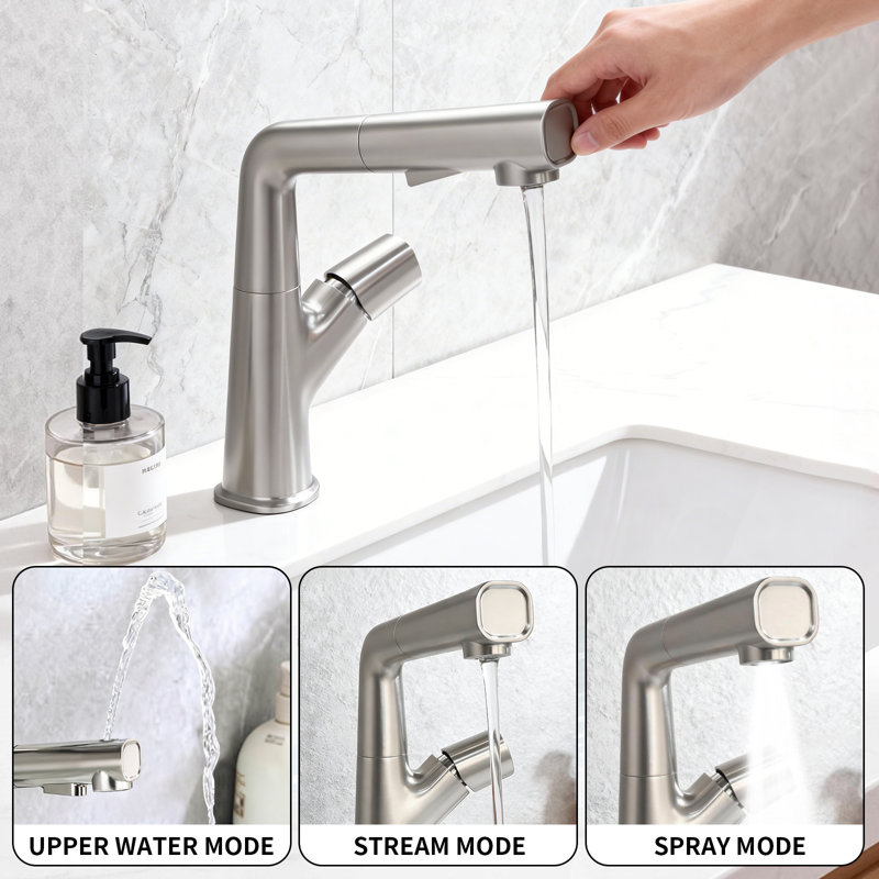 Bathroom Sink Faucet with Pull-Down Sprayer, Brushed Nickel 1-Hole for Vanity, RV & Kitchen Use
