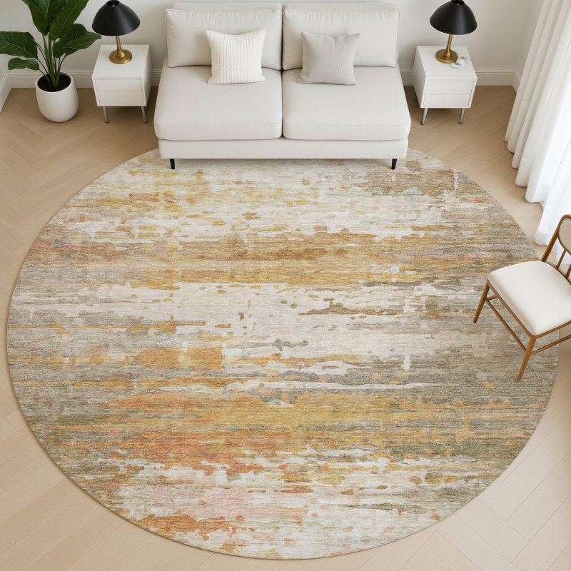 Premium Machine Washable Mayfield AMF2034 Abstract Rug, 8' Round, Khaki