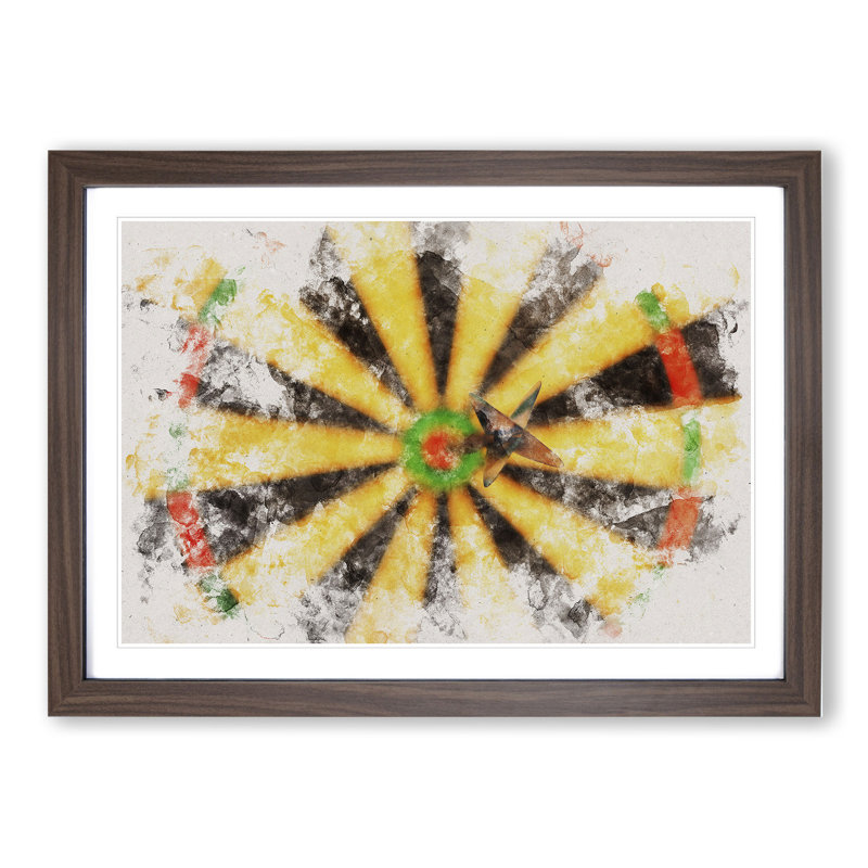 Bulls Eye Dartboard Watercolour - Picture Frame Graphic Art, 27cm H x 36cm W x 2cm D, Walnut