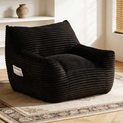  Giant Plush Bean Bag Chair for Adults with Armrests - Oversized Comfy Black Beanbag with Side Pocket Lounge Lazy Floor Sofa Accent Chair for Living Room, Bedroom & Dorm