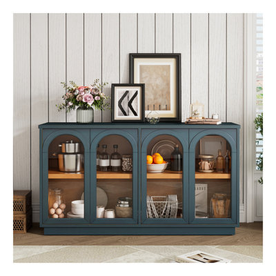 Grande armoire de rangement à 4 portes avec portes en verre, armoire arquée avec tablettes réglables pour la cuisine, la salle à manger et le salon (bleu marine)