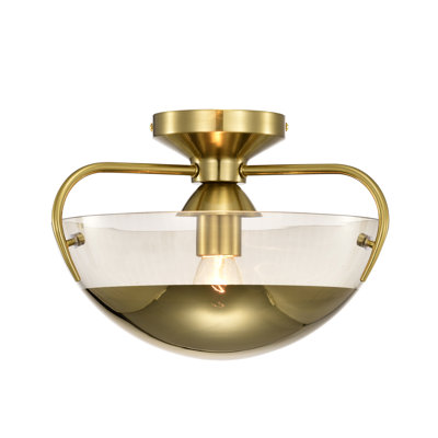Vexa Brass Semi-Flush Mount Ceiling Lamp With Glass Bowl Shade Metal Bottom Cap - Brass-Gold