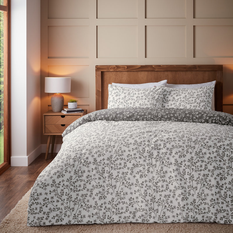 Brushed Grace Floral Leaf Cotton Reversible Duvet Cover Set, Grey, Single Duvet Cover + 1 Standard Pillowcase