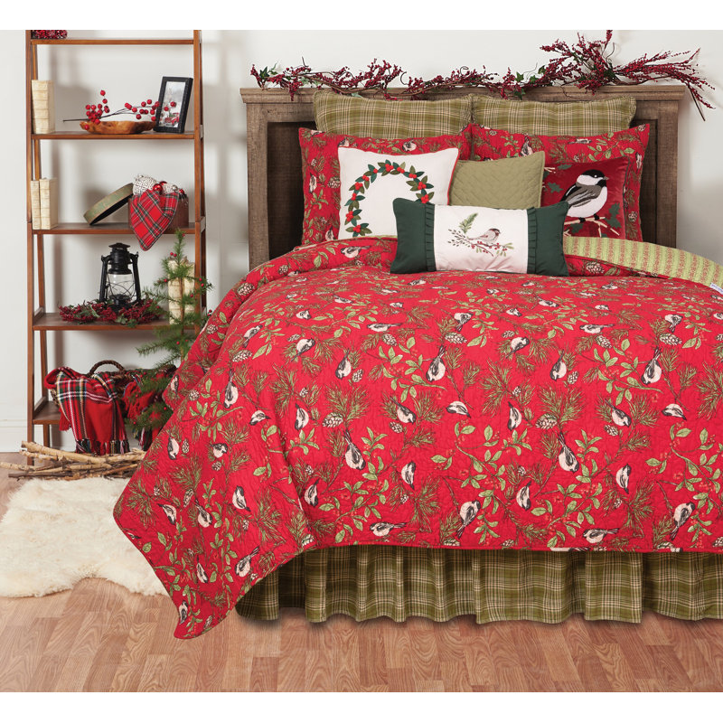 Chickadee Red Cotton Reversible Quilt Set, King Quilt + 2 Shams