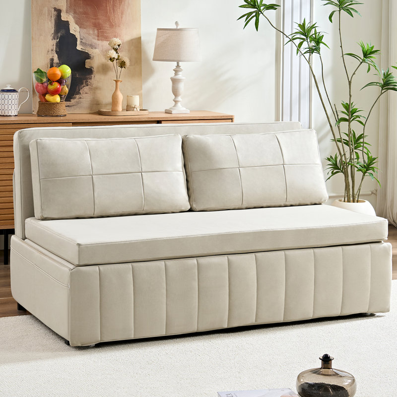 Ebern Designs Small Loveseat Pull-Out Sofa Bed,3-in-1 Convertible Sleeper Sofa with Throw Pillows, Beige