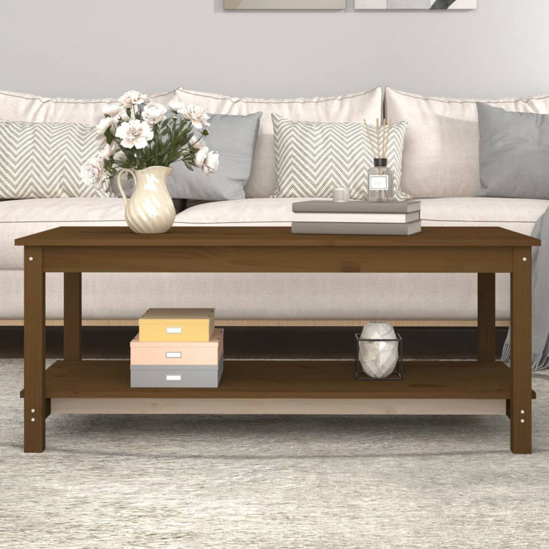 Solid Wood Four Leg Coffee Table with Storage, Honey Brown