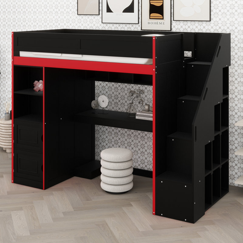 Lit de jeu de style loft avec bureau de travail, compartiments de rangement cachés et bande de lumière DEL à changement de couleur