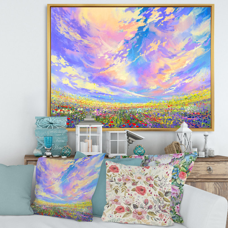 Fleurs colorées dans un champ sous de magnifiques nuages - peinture sur toile, H 24 po x l 32 po x P 1 po