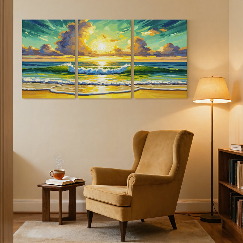 Nautique et plage, coucher de soleil, vagues océan, ciel, nuages, horizon, lumière, ensemble de 3 impressions sur toile