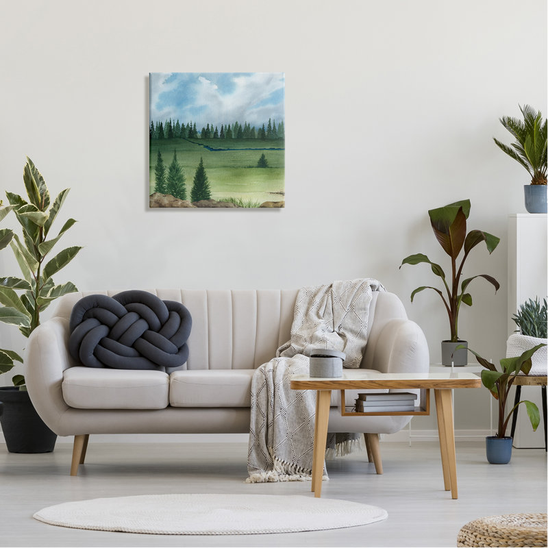 Distant Stream Grassland Trees par Sally Swatland - Peinture, H 24 po x l 24 po x P 1,5 po, Toile tendue