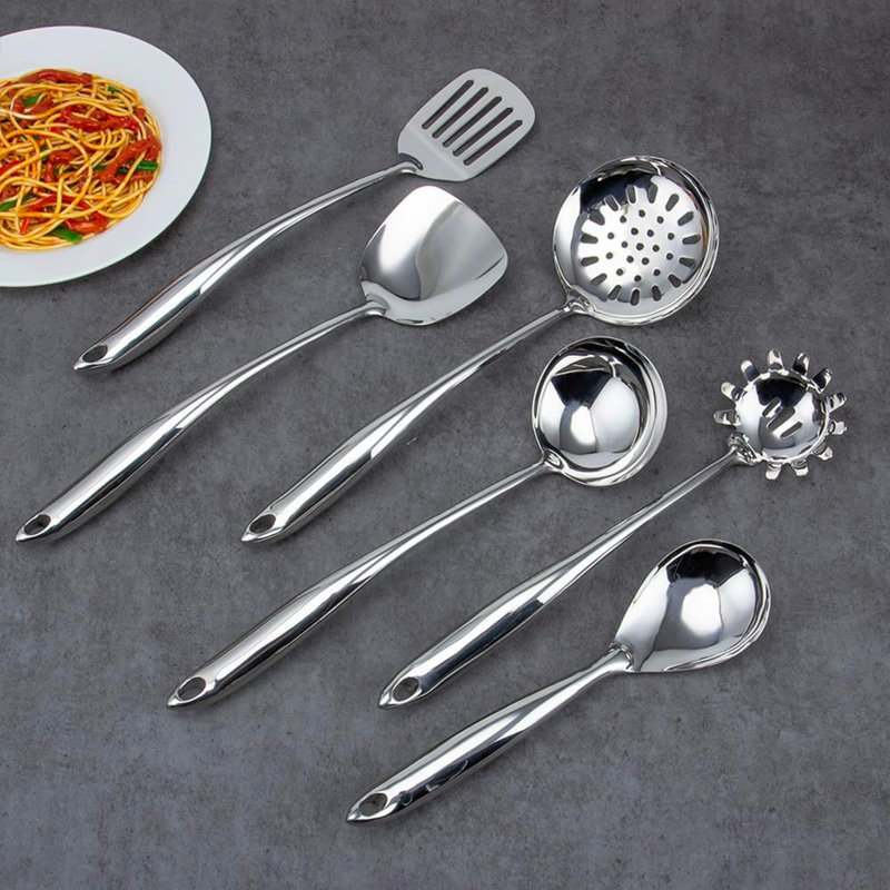 Ensemble d'ustensiles de cuisine 6 pièces en acier inoxydable - Poli miroir, résistant à la chaleur, poignées ergonomiques