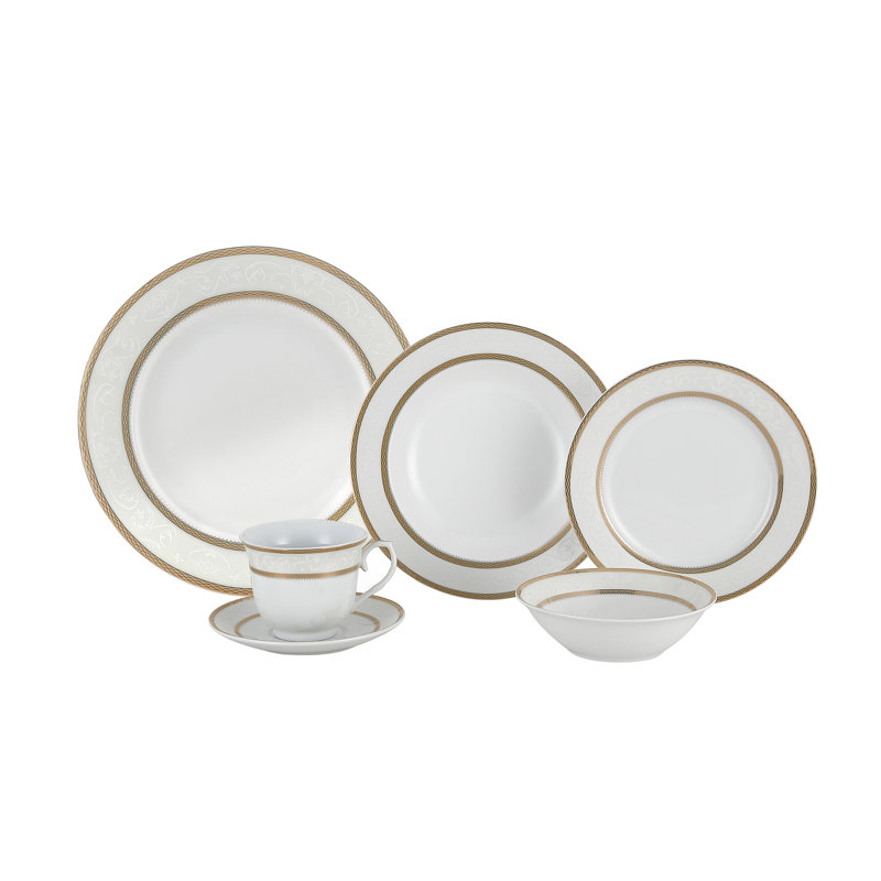 Amelia White and Gold Porcelain 24-Piece Dinnerware Set