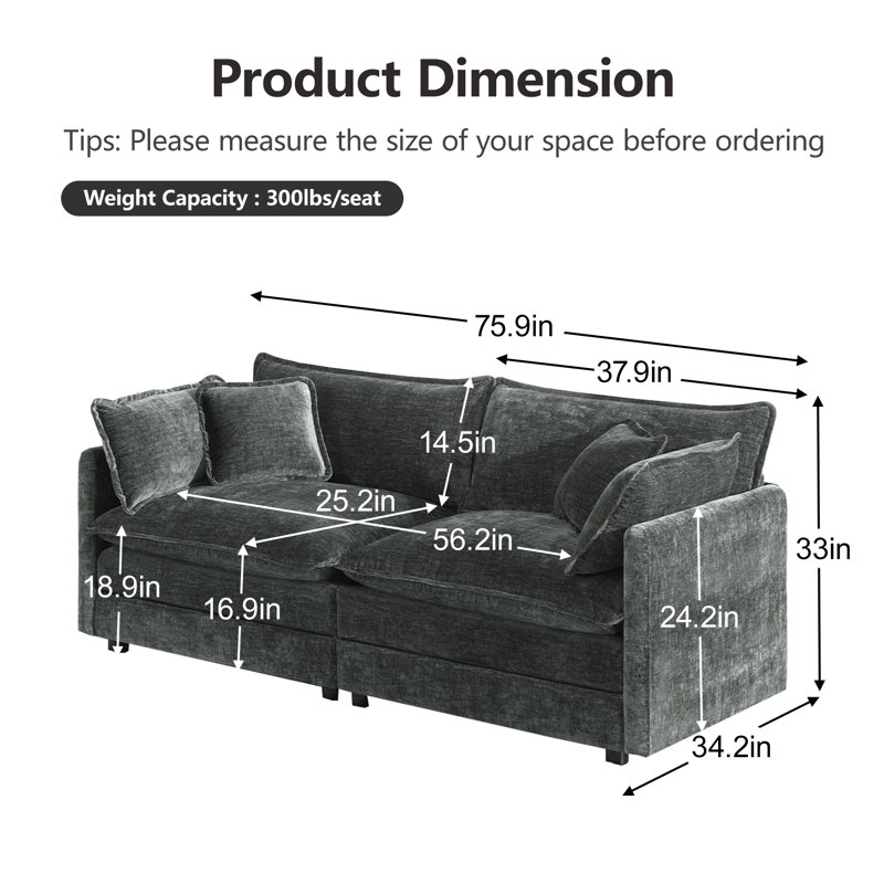 Haninerm Chenille Round Arm Loveseat, Gray, 2