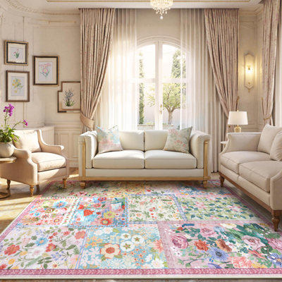 Kaldi Pink Floral Machine Washable Area Rug for Living Room & Bedroom