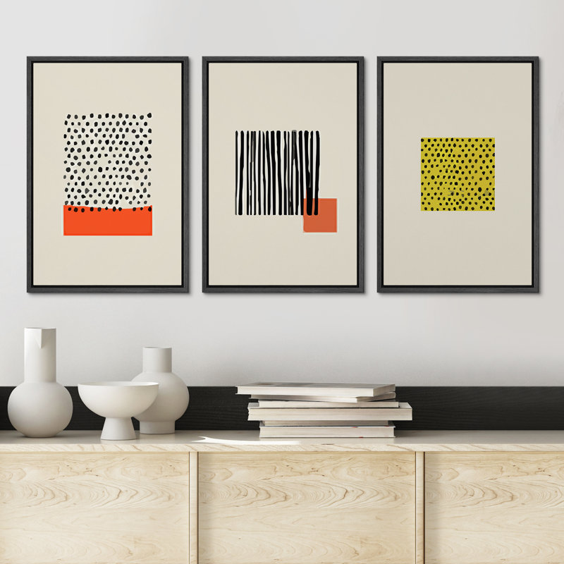 Geometric Abstract Black and Yellow Framed Canvas Art Set