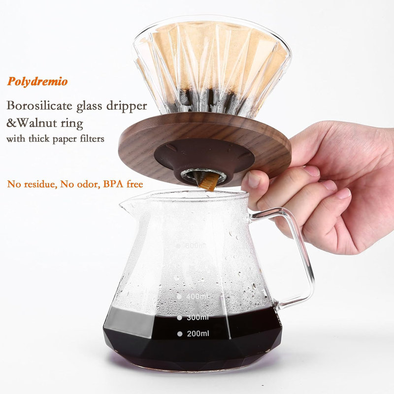 20 oz Borosilicate Glass Carafe with 100 pcs Size 02 Paper Filter, Walnut Handle & Glass Lid