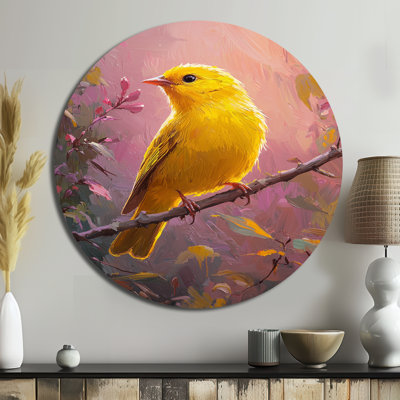 Songbird In The Forest Clearing - Modern Yellow Metal Art Print, Bird Round Metal Wall Art