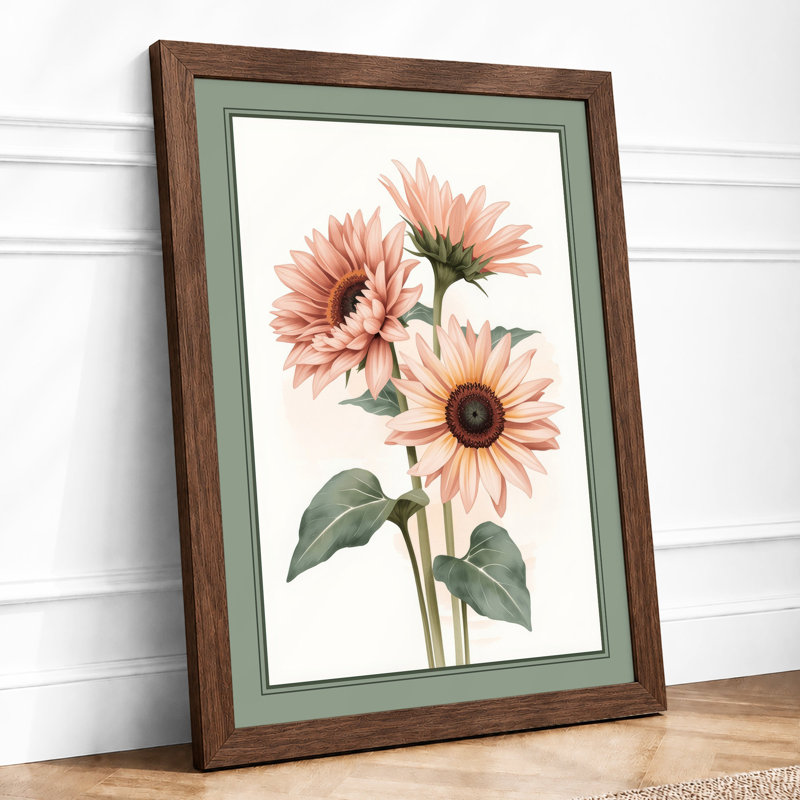 Three Gerbera Bloom Botanical - Framed Print, A4 - 29.7 x 21.0 cm, Walnut