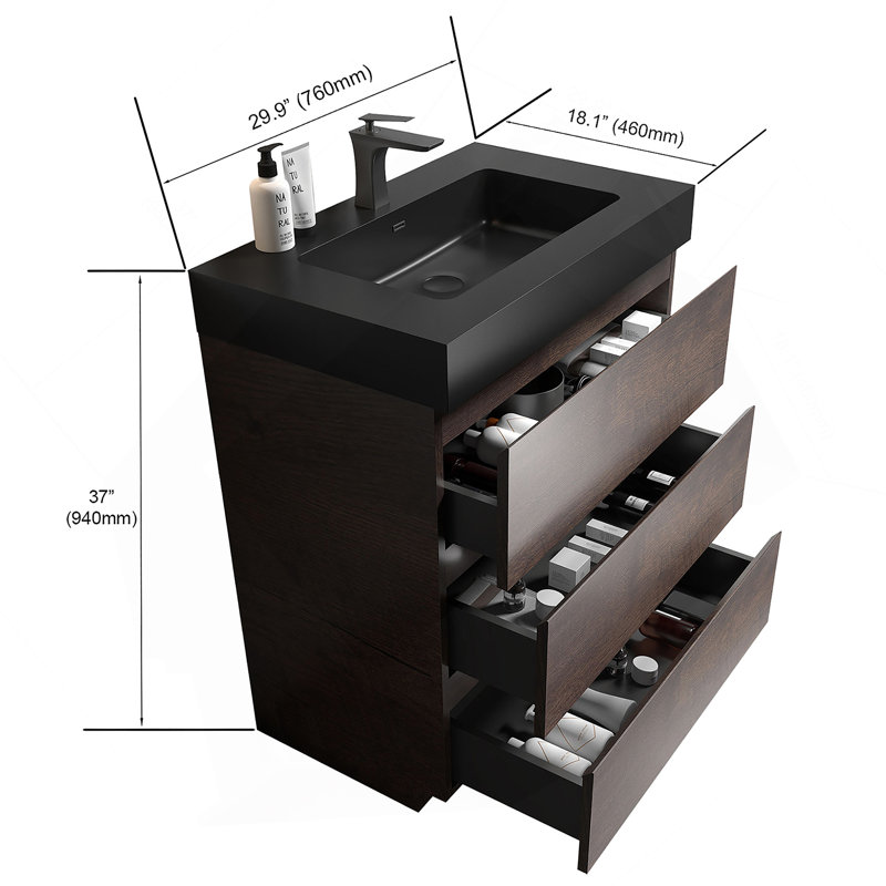 Meuble-lavabo autoportant avec grand lavabo et rangement, Walnut/Black, Black
