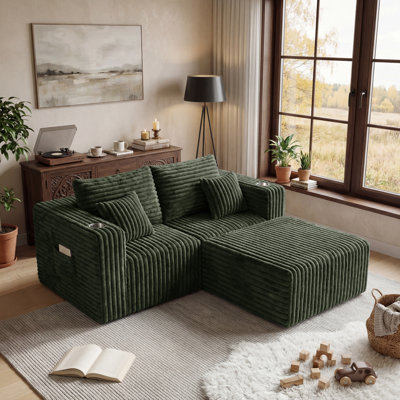  3 Pcs L-Shaped Modern Modular Compression Sectional Sofa, Sectional Couch with Ottoman, Cup Holders and Side Storage Pocket, Corduroy Upholstery, Pocket Spring Support, 4 Throw Pillows, No Assembly Required for Living Room Green