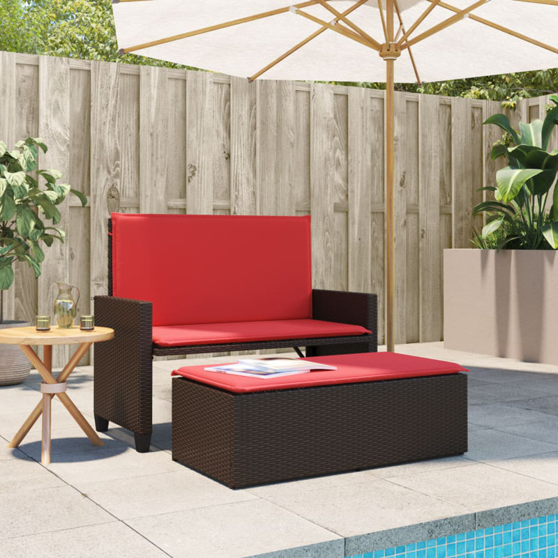 Banc de patio avec coussins et repose-pieds en polyester Latitude Run®, Brun/rouge