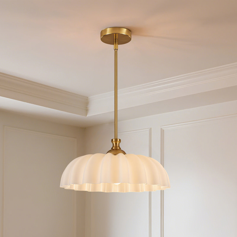 Milk White Glass Pendant Light With Flower Glass Lampshade, Gold